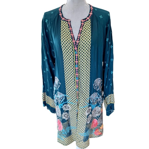Johnny Was Tunic Women Large Teal Floral Embroidered Cupra Rayon Boho Split Neck - Picture 2 of 13